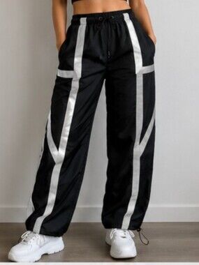 Fashion Nova Kim's Reflective Parachute Pants Black Large Y2K Streetwear